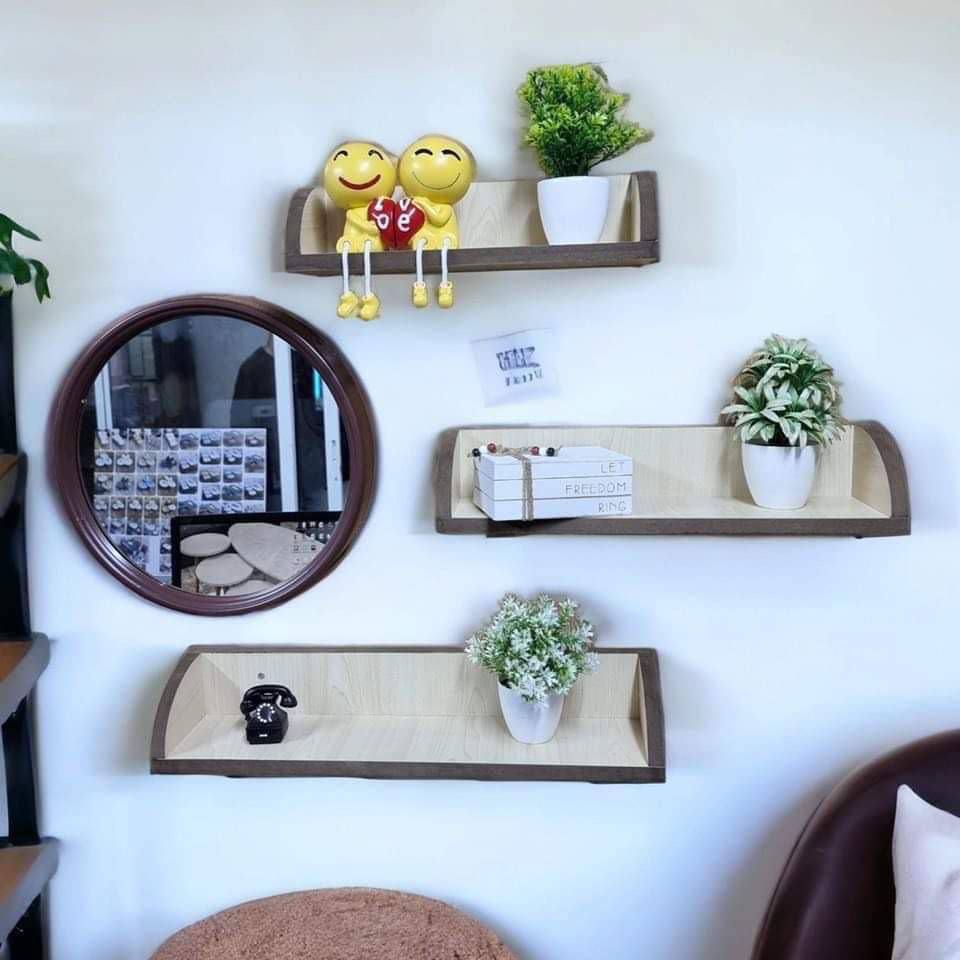 Wooden shelves + mirror